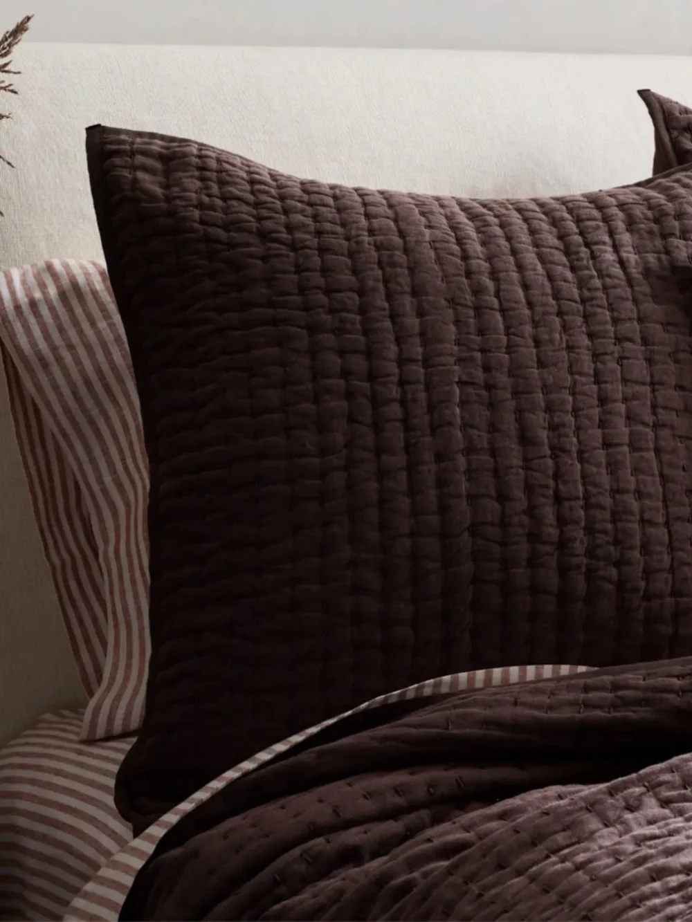 New European Linen Cotton Stitch Quilted Euro Sham Brown Espresso 26in x 26in